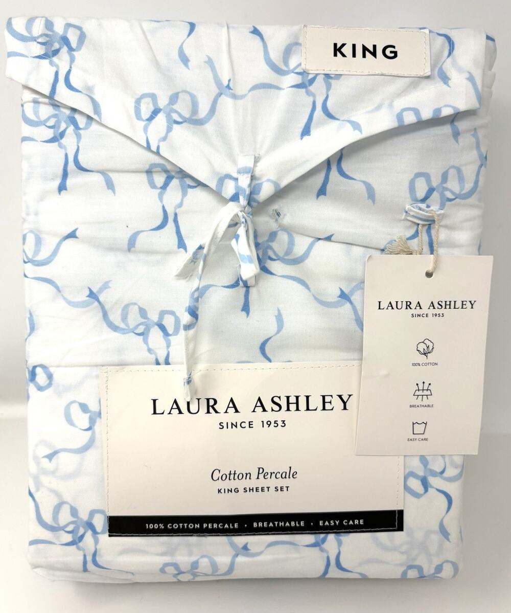 Laura Ashley Blue Trailing Bows King Sheet Set Percale 100% Cotton Ribbons *READ